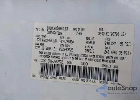 2007 Dodge Ram 1500 Slt из США, поврежденный, VIN 1D7HA18P67J502772